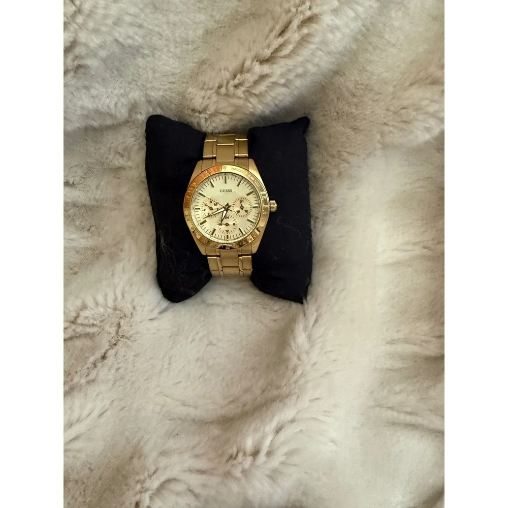 Guess Gold Tone Chronograph Watch Sunray Dial Tachymeter Bezel U0668G2